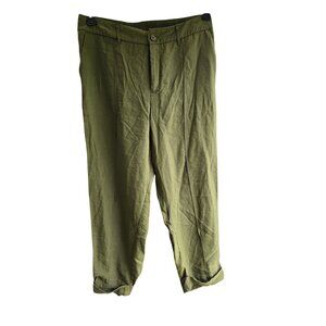 Casual Olive Green Cropped Pants With Elastic Waist & Back Faux Pockets - Size 1